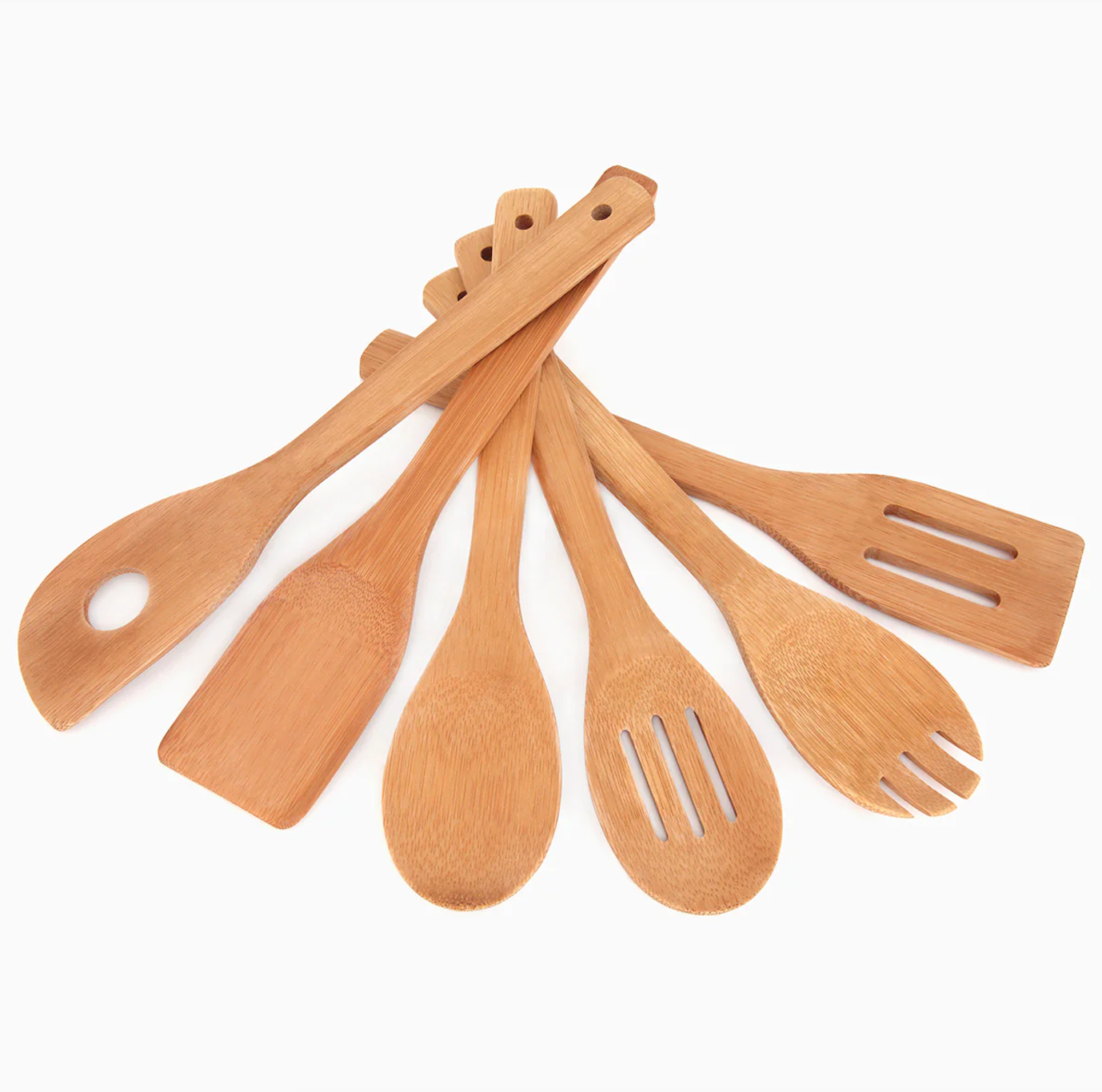 Complete bamboo kitchen utensil set including rounded fork spatula, mixing spatula, slotted spatula, and flat spatula for scratch-free cooking