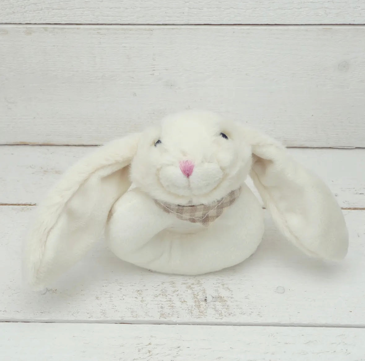 Cuddly Bunny Baby Soft Toy Rattle with floppy ears, designed to entertain and soothe infants.