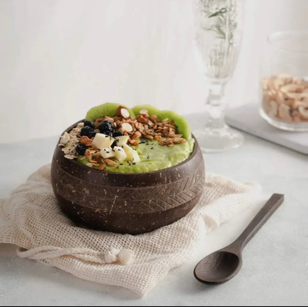 Handcrafted coconut bowl made from real coconut shell, showcasing its natural texture and eco-friendly design