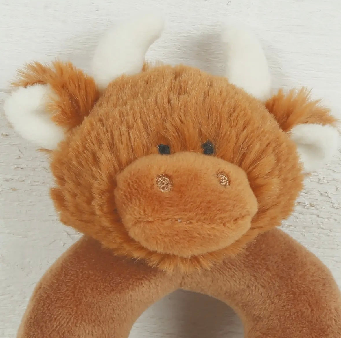 Scottish Highland Cow Plush Soft Toy Rattle with a soft, cuddly body, ideal for comforting and engaging little ones